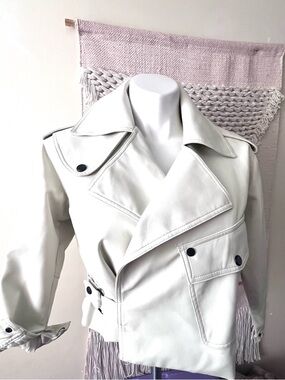 White Faux Leather cropped jacket with Black Hardware